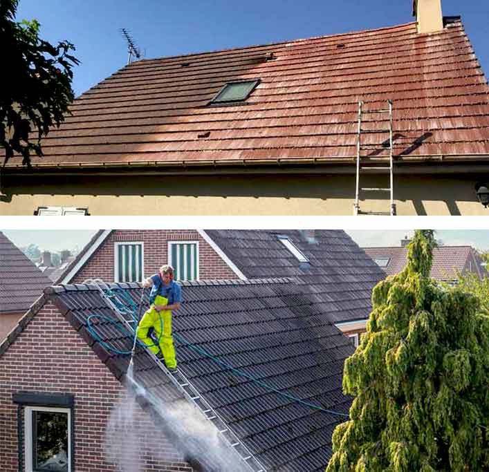 Nettoyage toiture - LE BON COUVREUR 77 à Meaux en Seine-et-Marne : nettoyage, démoussage, traitement anti-mousse toiture. Application d’un revêtement peinture hydrofuge coloré sur toit. Intervention sur Meaux et toute la Seine-et-Marne (77)